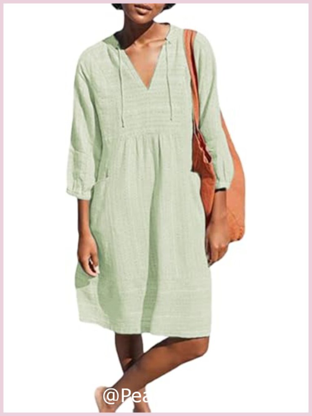 Womens V Neck Cotton Loose Shift Tunic Smock Summer Vacation Dress 3/4 Sleeve